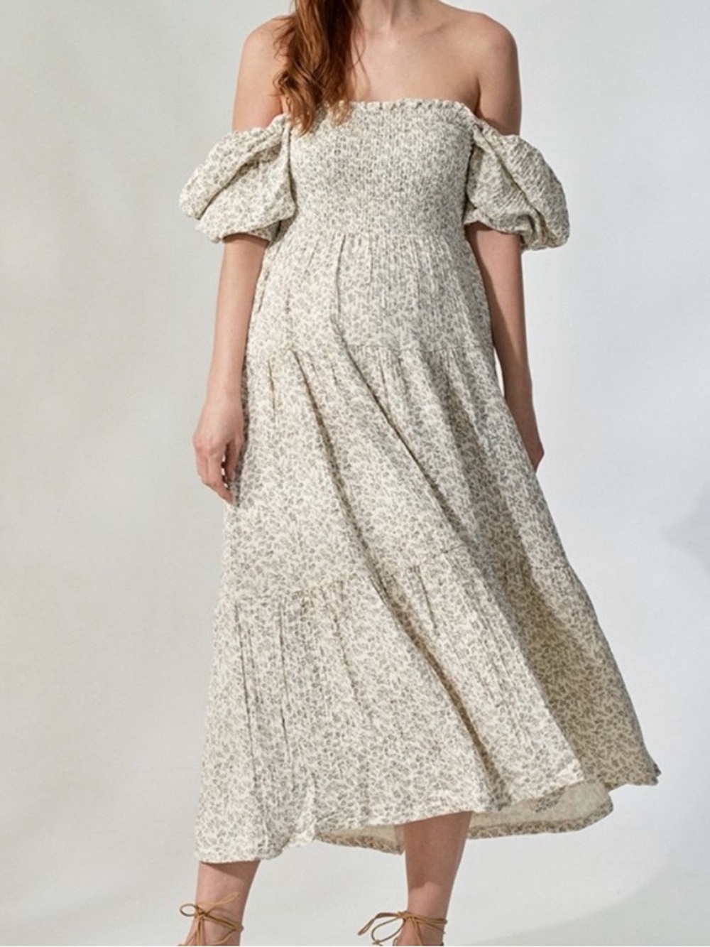 Smocked Off-Shoulder Floral Maxi Dress in Cream